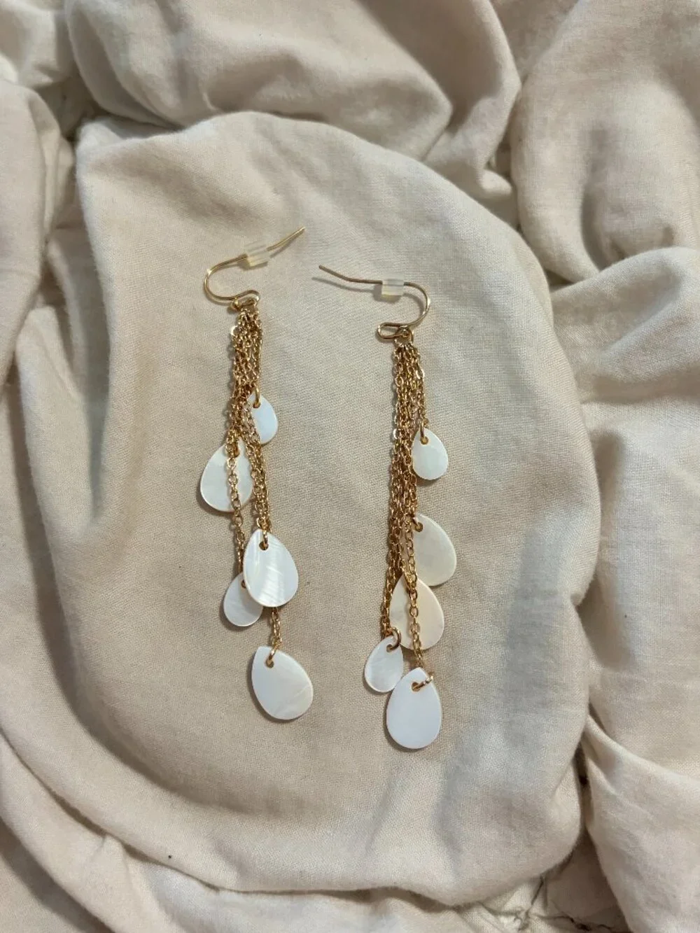 Free People Gold Tone White Teardrop Beaded Fringe Statement Earrings